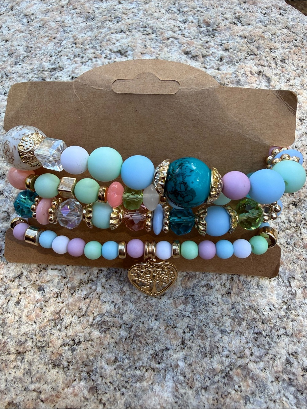 Beaded Pastel Stretch Bracelet Set with Gold Heart Charm